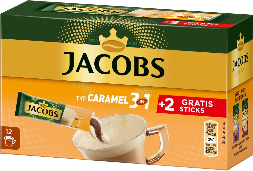 JACOBS Löskaffee 3in1 Typ Caramel Löslicher Kaffee 12 X 10+2 Getränke Sticks 6 JACOBS Löskaffee 3in1 Typ Caramel Löslicher Kaffee 12 X 10+2 Getränke Sticks – Bild 4