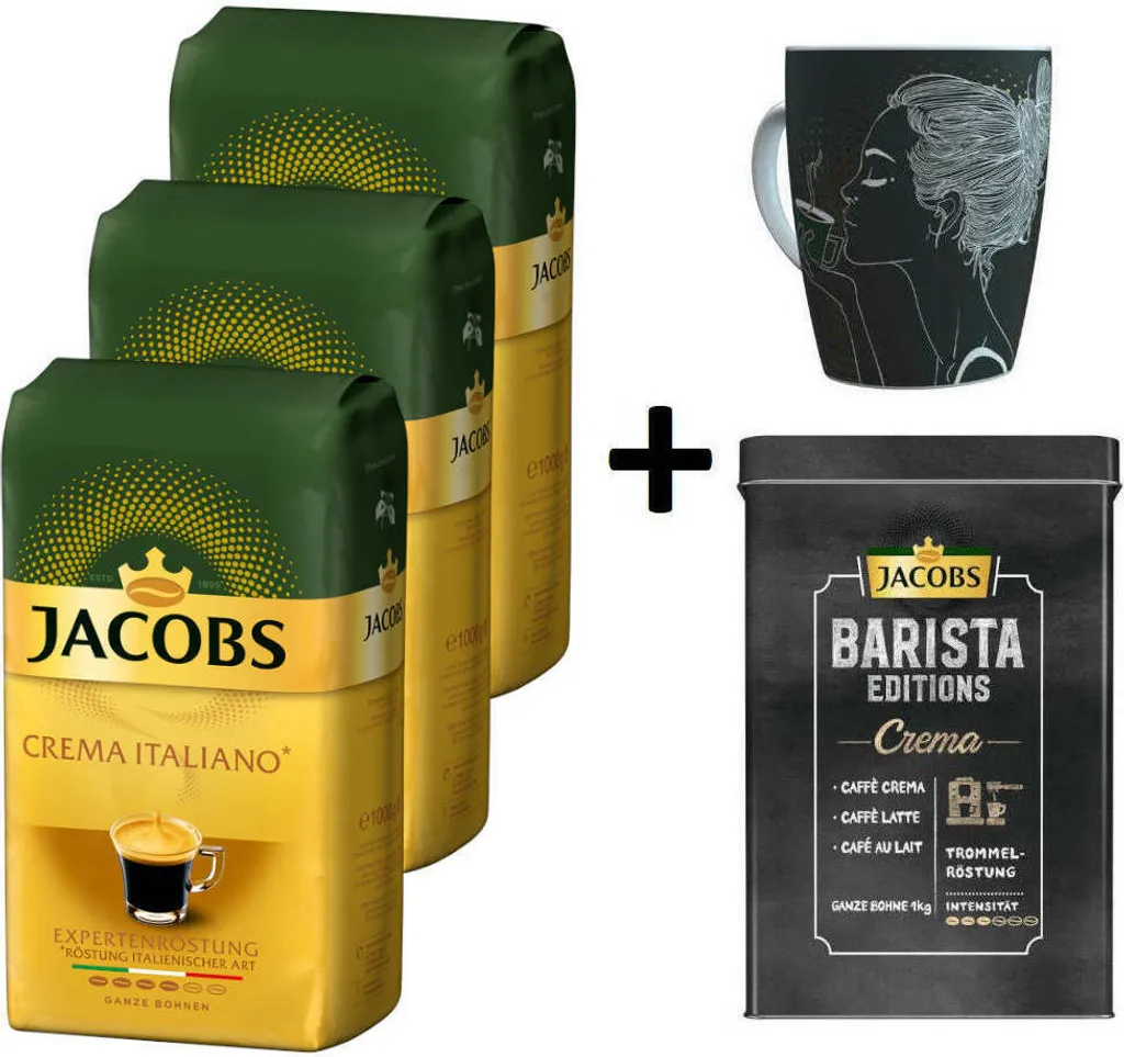 JACOBS Kaffeebohnen Expertenröstung Crema Italiano 3 Kg Geröstete Bohnen+ 1 Jacobs Barista Becher+ 1 Dose 3 JACOBS Kaffeebohnen Expertenröstung Crema Italiano 3 Kg Geröstete Bohnen+ 1 Jacobs Barista Becher+ 1 Dose