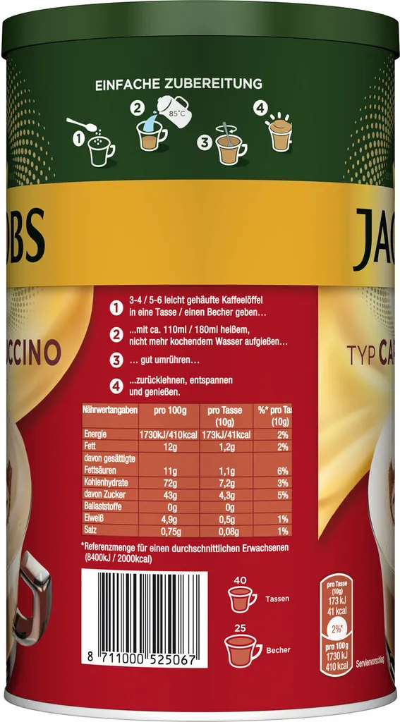 JACOBS Typ Cappuccino 6 X 400 G Dosen Feine Cremigkeit - Viel Schaum 7 JACOBS Typ Cappuccino 6 X 400 G Dosen Feine Cremigkeit - Viel Schaum – Bild 5