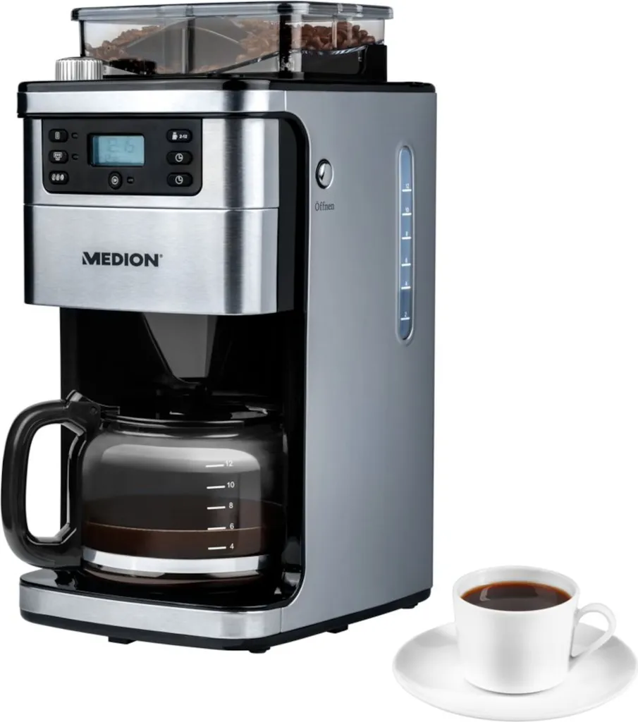 MEDION MD 15486 Kaffeemaschine Mit Mahlwerk Und Glaskanne, Wassertank: 1,5 Liter, 8 Mahlstufen, Max. 1050 Watt, Silber, Edelstahl 6 MEDION MD 15486 Kaffeemaschine Mit Mahlwerk Und Glaskanne, Wassertank: 1,5 Liter, 8 Mahlstufen, Max. 1050 Watt, Silber, Edelstahl – Bild 4