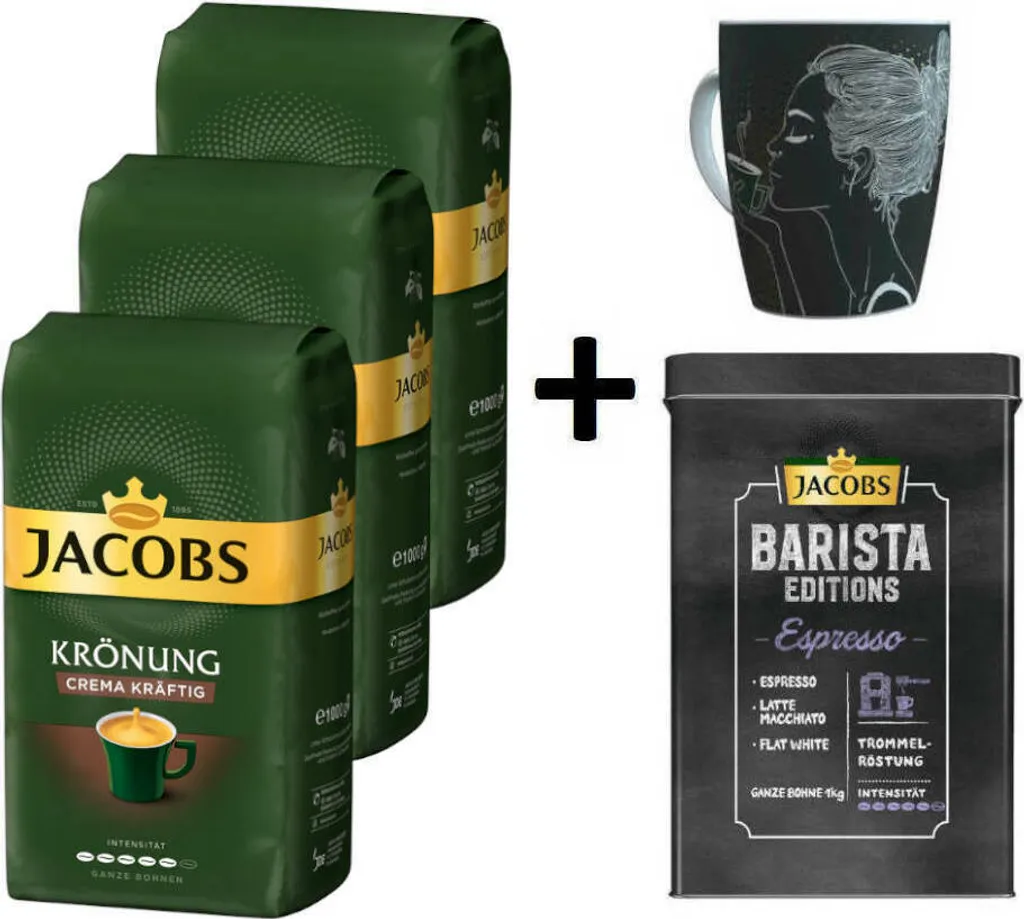 JACOBS Kaffeebohnen Krönung Crema Kräftig 3 Kg Geröstete Ganze Bohnen + 1 Jacobs Barista Becher + 1 Dose 3 JACOBS Kaffeebohnen Krönung Crema Kräftig 3 Kg Geröstete Ganze Bohnen + 1 Jacobs Barista Becher + 1 Dose