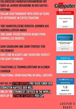 LUCIFER'S ROAST 4x1kg Espresso By KIQO Aus Italien - Starke Kaffeebohnen Für Kaffeevollautomaten Und Siebträger - Säurearm - 100% Robusta (ganze Bohnen, 4x1kg) 9 LUCIFER'S ROAST 4x1kg Espresso By KIQO Aus Italien - Starke Kaffeebohnen Für Kaffeevollautomaten Und Siebträger - Säurearm - 100% Robusta (ganze Bohnen, 4x1kg) -Bon Cafe Store 3ed059e3d41ec896fbad0e2ae121586b