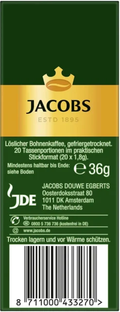 JACOBS Löskaffee Krönung 16 X 20 Sticks Löslicher Kaffee Instantkaffee 320 Getränke -Bon Cafe Store 7837a7efae665fbc62c9cf155437fa21