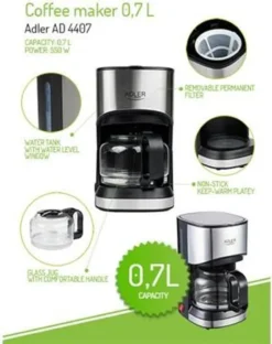 Adler AD-4407 Tropfkaffeemaschine 8 Tassen, Edelstahl, BPA-frei, 550 W, 550 W, 0,7 Liter, Schwarz Und Grau -Bon Cafe Store 7d246c1edde7207af62c890f59f21405
