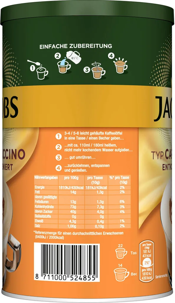 JACOBS Typ Cappuccino Entkoffeiniert 8 Dosen (8 X 220 G) 5 JACOBS Typ Cappuccino Entkoffeiniert 8 Dosen (8 X 220 G) – Bild 3