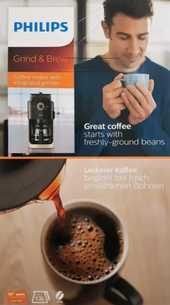 Philips HD7768/90 Grind & Brew Filter Kaffeemaschine, Mahlwerk, Timer, Champagner/schwarz -Bon Cafe Store 89d88af0a41a3d5ea0bf22c1c17776b5