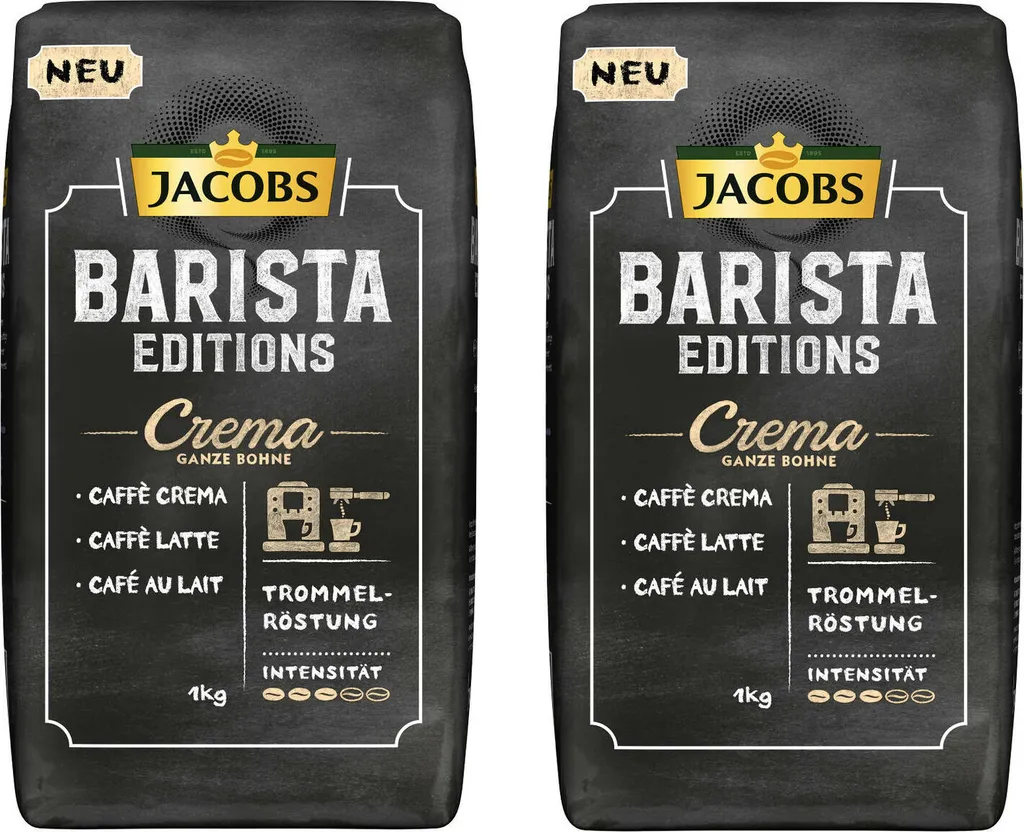 JACOBS Kaffeebohnen Barista Editions Crema 2 X 1 Kg Ganze Bohne + 1 Aluminium Dose Im Barista Design 5 JACOBS Kaffeebohnen Barista Editions Crema 2 X 1 Kg Ganze Bohne + 1 Aluminium Dose Im Barista Design – Bild 3