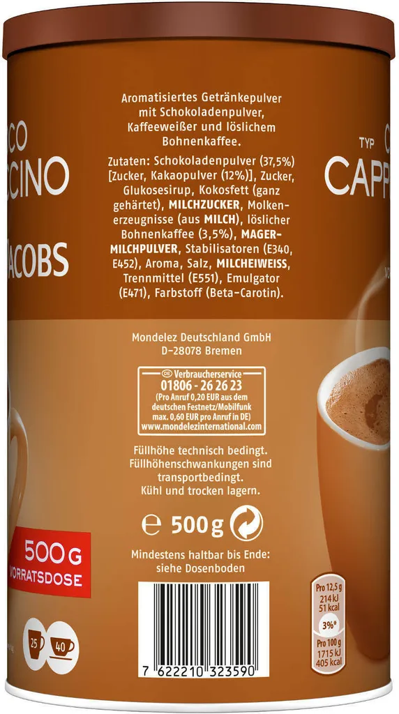 JACOBS Typ Choco Cappuccino 6 X 500 G Cappuccinopulver Löslich 6 Dosen 3 JACOBS Typ Choco Cappuccino 6 X 500 G Cappuccinopulver Löslich 6 Dosen