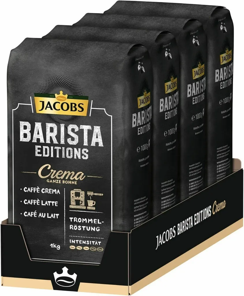 JACOBS Kaffeebohnen Barista Editions Crema Ganze Bohne 4x1 Kg + 2 Alu Dosen Im Barista Design 5 JACOBS Kaffeebohnen Barista Editions Crema Ganze Bohne 4x1 Kg + 2 Alu Dosen Im Barista Design – Bild 3