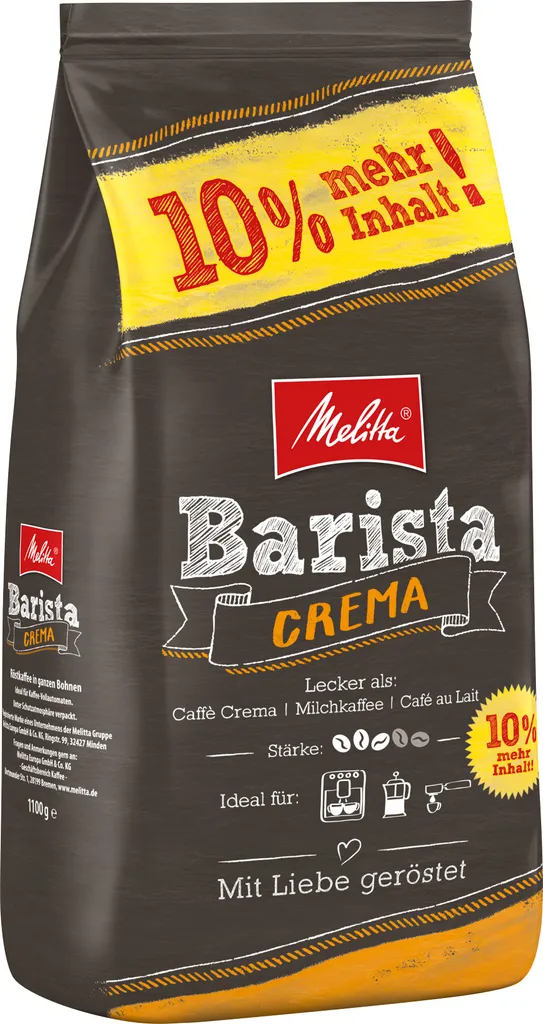 MELITTA Ganze Kaffeebohnen Barista Crema 1100g Ausgewogen Harmonisch Stärke 3 3 MELITTA Ganze Kaffeebohnen Barista Crema 1100g Ausgewogen Harmonisch Stärke 3