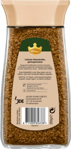 JACOBS GOLD Crema, Löslicher Kaffee, 200 G GL -Bon Cafe Store fc8f3d5fe44a2c5c5fa540f0055464ea